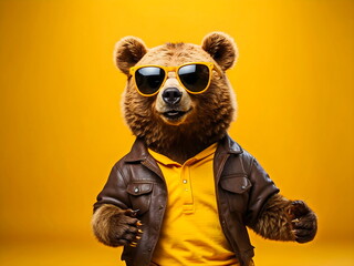 funny bear with sunglasses with yellow background generative AI