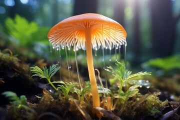 Fototapeta premium Rare translucent mushroom with intricate folded caps, identifying diverse mushroom species in nature