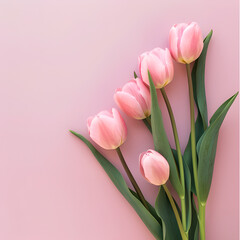 bunch of pink tulips on side of pastel rose colored background with copy space - obrazy, fototapety, plakaty