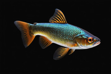 Small blue iridescent guppy fish isolated on black background