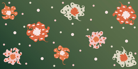 Spring background with multicolored flowers, dots. Colorful hand drawn vector illustration done in orange, white, green, pink colors. For cards, banners, wallpaper, textile, wrapping. Editable stroke