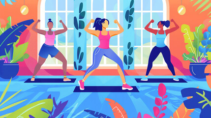 Various exercise class icons like a pilates class, a zumba class, and a kickboxing class, illustrating diverse fitness programs.