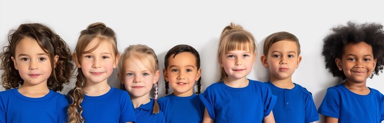 a group of young kids standing happy on white background dressed in blue clothes