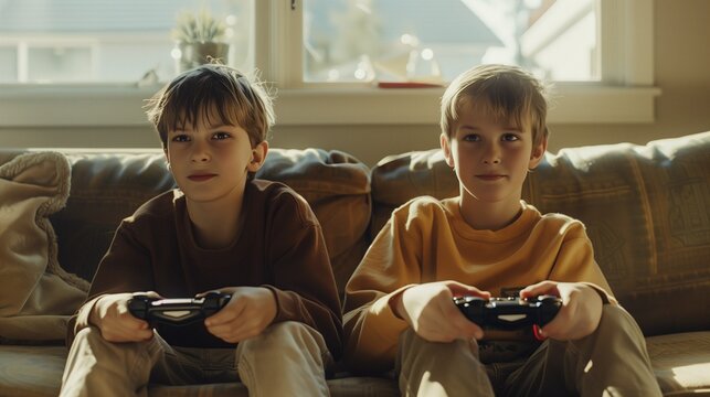 Boys playing games on the game console sitting on the couch indoors