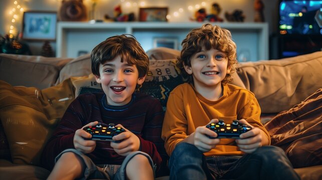 Boys playing games on the game console sitting on the couch indoors