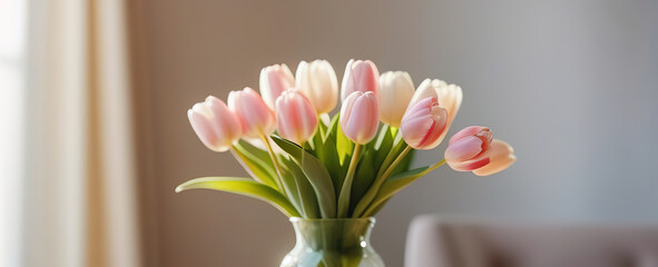 Beautiful fresh spring flowers banner white tulips bouquet in glass vase in light contemporary kitchen interrior