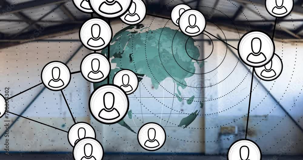 Poster animation of data processing and network of connections with icons over globe