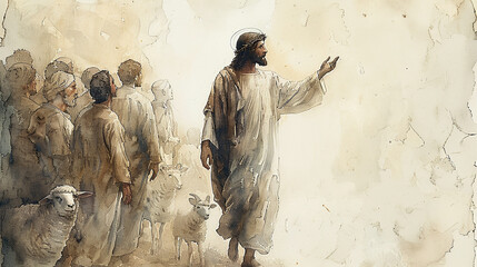 abstract illustration of Jesus Christ talking to ddisciples, Easter day, in watercolor style, biblic illustration