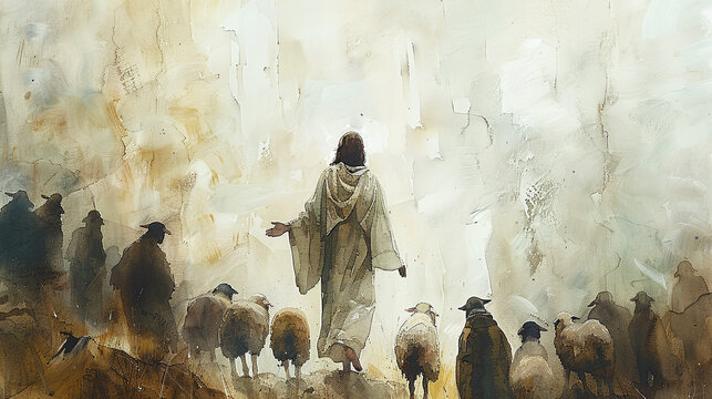 abstract watercolor illustration of  back view of Jesus Christ walking next to sheep, easter, miracle, biblic