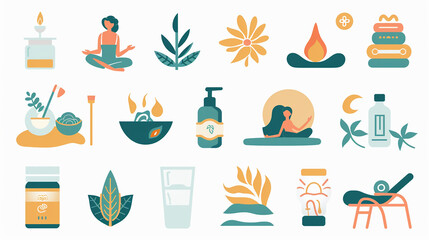 Various wellness activities icons such as a spa day, a nature walk, and a meditation session, illustrating relaxation practices.