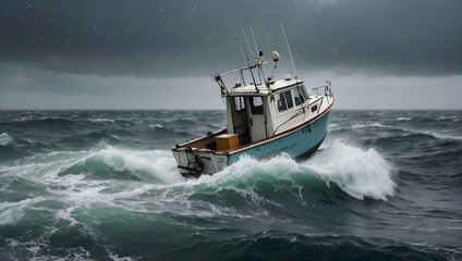 rescue boat, a ship in the middle of a storm in the ocean, rushing to the rescue.