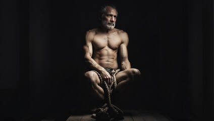 portrait of a middle-aged man with ropes, concept of a difficult life situation.