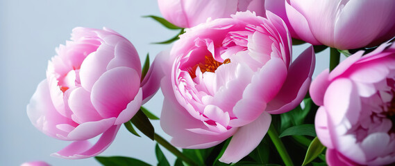 Obraz premium Pink peonies banner on the right side banner grey solid background space for text copy space close up flowerspetals leaves garden flowers