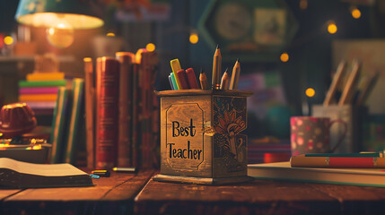 A beautifully decorated wooden pencil holder with the inscription 