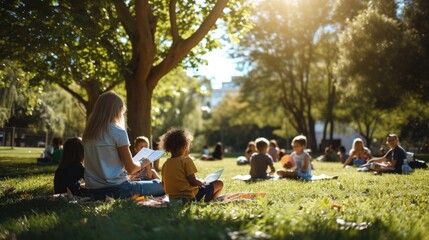 A joyful group of people enjoying the natural landscape, sitting on the grass in a park surrounded by trees and terrestrial plants. AIG41