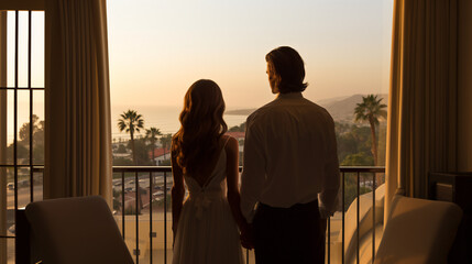 back view of  a couple on a hotel room with a seascape view from the terrace, honeymoon, summer vacations