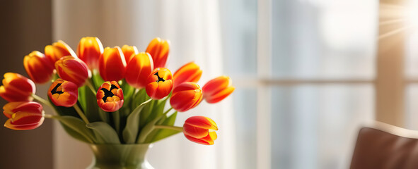 Beautiful fresh spring flowers banner red pink yellow tulips bouquet in glass vase in light contemporary kitchen interrior