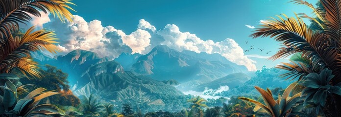 a tropical jungle scene with clouds and mountains in the background