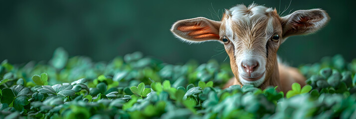 Goat on Green Background for St. Patrick's Day 3d image,
A young goat standing in a green pasture with hills at the background - obrazy, fototapety, plakaty