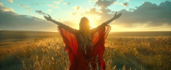 a woman with a red cape is standing on a field and holding up her hands - obrazy, fototapety, plakaty
