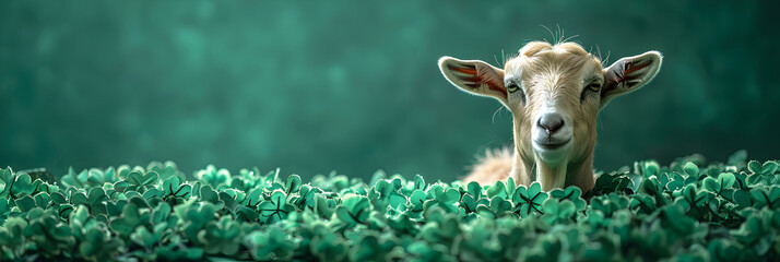 Goat in the grass Goat on Green Background for St. Patrick's Day,
White goat with horns, looking directly, with green grass in the background - obrazy, fototapety, plakaty