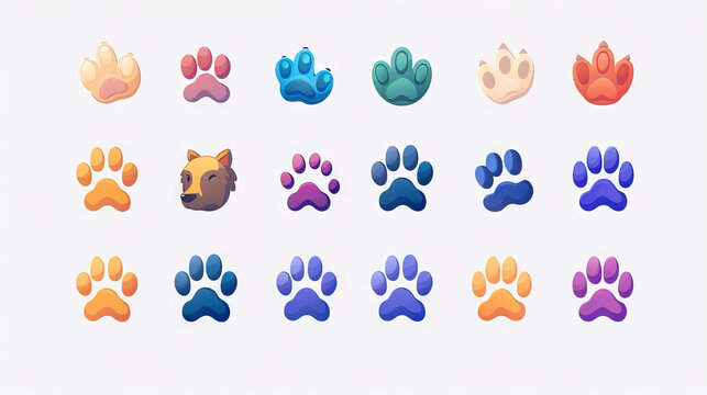 Animal Companion Icon: Cute Paw Print for Pet Interactions. Multiple Icons. Icon Concept Isolated Premium Vector. White Background