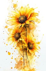 a yellow sunflowers painting with splatters and water splashed on it