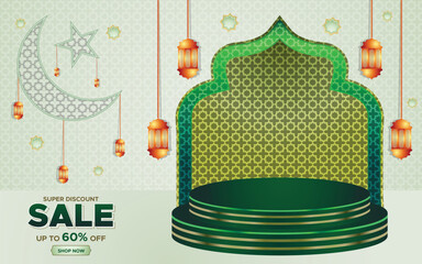 Ramadan Kareem Super Sale Web Banner Background with Podium for Display of product. Ramadan Big Sale Promotion Poster and Social Media Post. Islamic Special Offer Promotion Banner Design Template