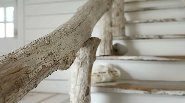 A coastal-inspired handrail made of weathered wood, perfect for a beach house.