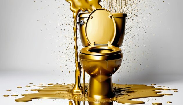 An ornate golden toilet overflows with a liquid gold effect, symbolizing excess and opulence. This image captures a provocative contrast between luxury and waste.