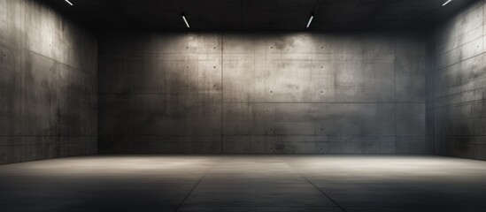 This image depicts a dimly lit concrete room with no occupants. The empty space is devoid of furniture or decoration, creating a simplistic and stark atmosphere.