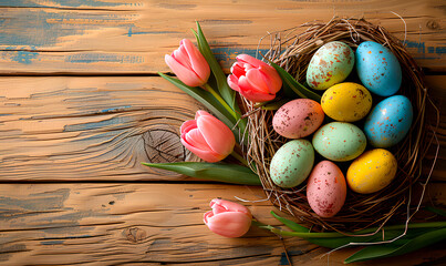 Easter eggs in nest with tulips on rustic wooden background