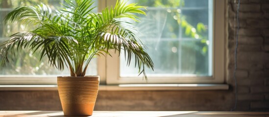A tropical palm plant sits in a flowerpot placed on a table in front of a window indoors. The leaves of the plant are vibrant green and add a touch of nature to the room.