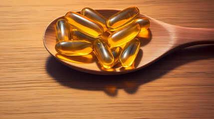 Close up of yellow fish oil or capsules, vitamin capsules and dietary supplements