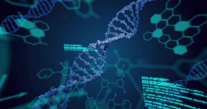 Animation of elements and data processing over dna strands on dark background