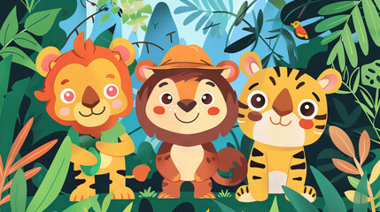 Jungle Safari Explorers: Cute and Adventurous Animal Characters for Kids. Icon Concept Isolated Premium Vector.