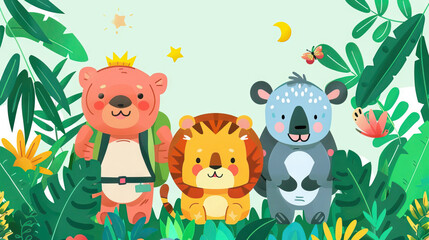 Naklejka premium Jungle Safari Explorers: Cute and Adventurous Animal Characters for Kids. Icon Concept Isolated Premium Vector.