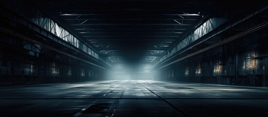 A dark tunnel stretches out in front, illuminated at the end by a faint light source. The tunnel is empty and industrial in nature, with concrete walls and a dimly lit atmosphere. - obrazy, fototapety, plakaty