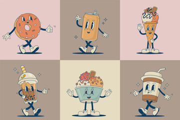 Retro cartoon dessert  and beverage characters vector illustration. Vintage donut, soda can, coffee, latte, ice cream, bubble tea mascot. Funny sweet food and drink set
