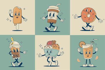 Retro cartoon sweet food and beverage characters vector illustration. Vintage donut, juice, coffee, latte, ice cream, bubble tea mascot. Funny dessert set