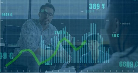 Animation of graph and data processing over diverse male and female colleague talking at office - Powered by Adobe