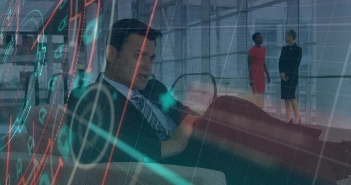 Animation of circular scanner processing over caucasian bsuinessman using tablet in office foyer
