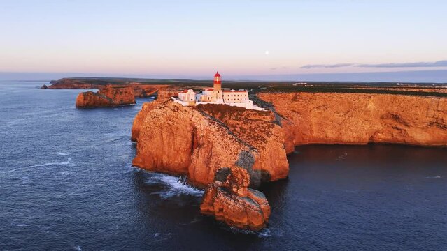 Aerial view from the ocean of the Cabo de Sao Vicente lighthouse, Portugal