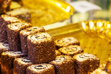 Traditional Turkish delight. The concept of celebrating Ramadan Karim. Turkish sweets in national dishes.
