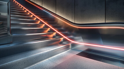 A futuristic handrail with integrated smart lighting, illuminating the way on a staircase.