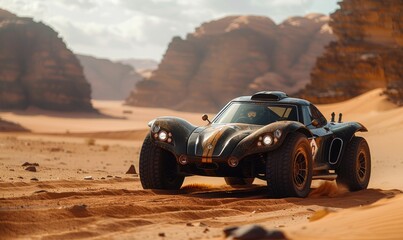 All-terrain sport car advancing in the middle of the desert - obrazy, fototapety, plakaty