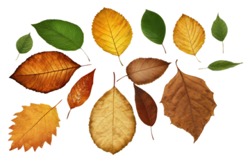 Set of different green and autumn tree leaves on white or transparent background, group of tree leaves for nature related designs or projects