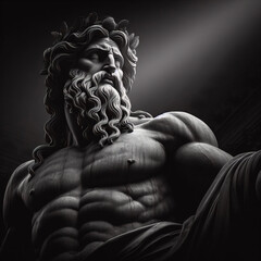 Handsome marble statue of powerful greek god Zeus over dark background, The powerful king of the gods in ancient Greek religion.