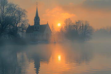 A serene Easter sunrise over a tranquil lake with a church silhouette.