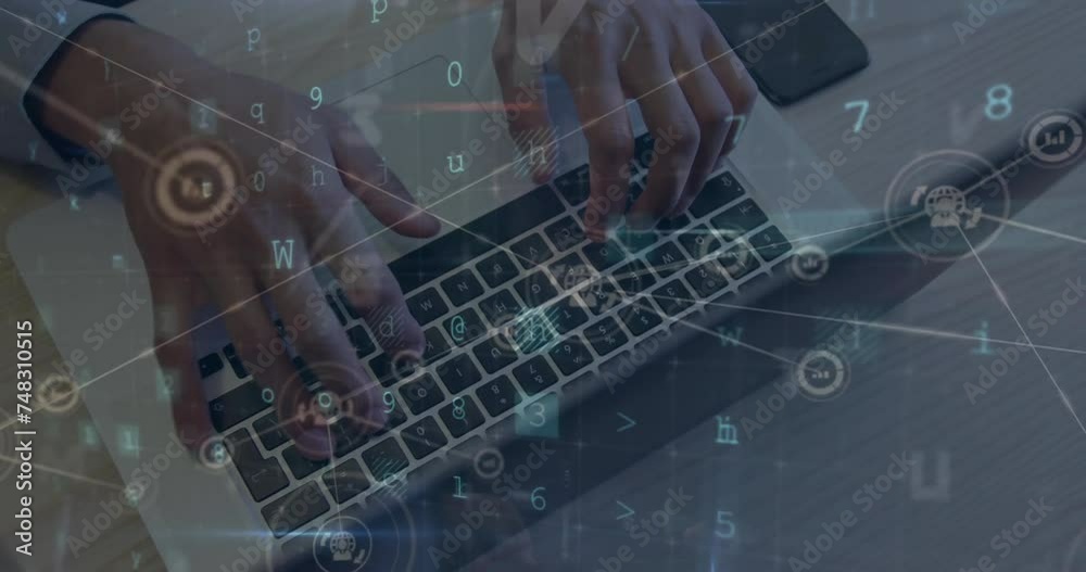 Poster animation of firewall disabled text and data network over hands of caucasian man using laptop